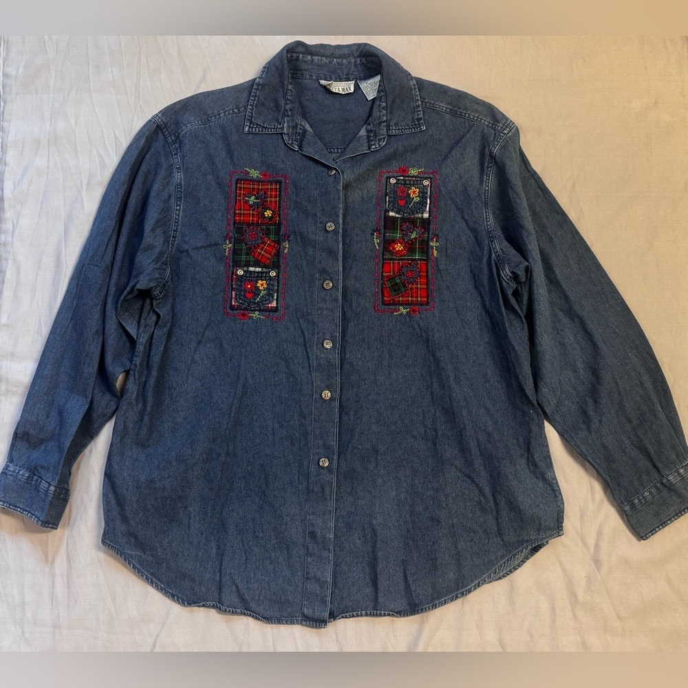 Vintage Casey & Max Denim Shirt XL – Plaid Patchwork Embroidered Button Down